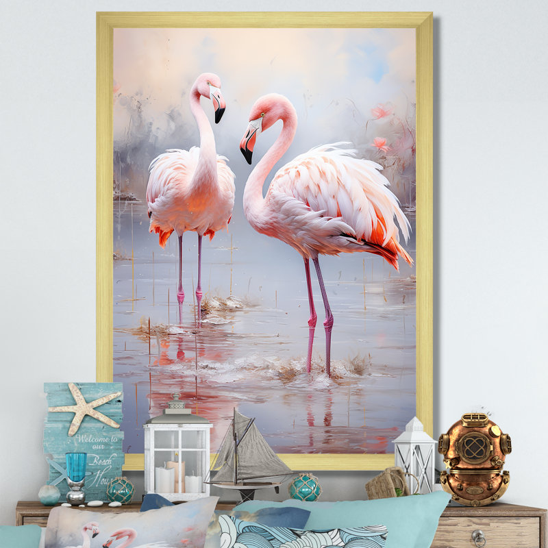 «Grand Flamingo Camargues Calm I» sur toile, Cadre doré simple, H 44 po x l 34 po x P 1,5 po