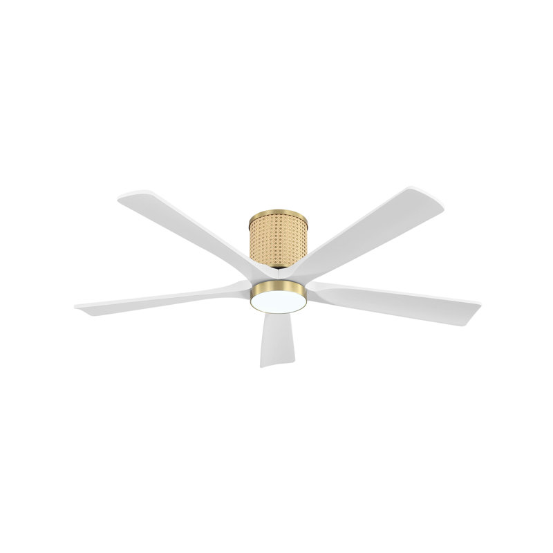 54 po Ventilateur de plafond encastré en rotin avec 5 pales, Doré, Blanc