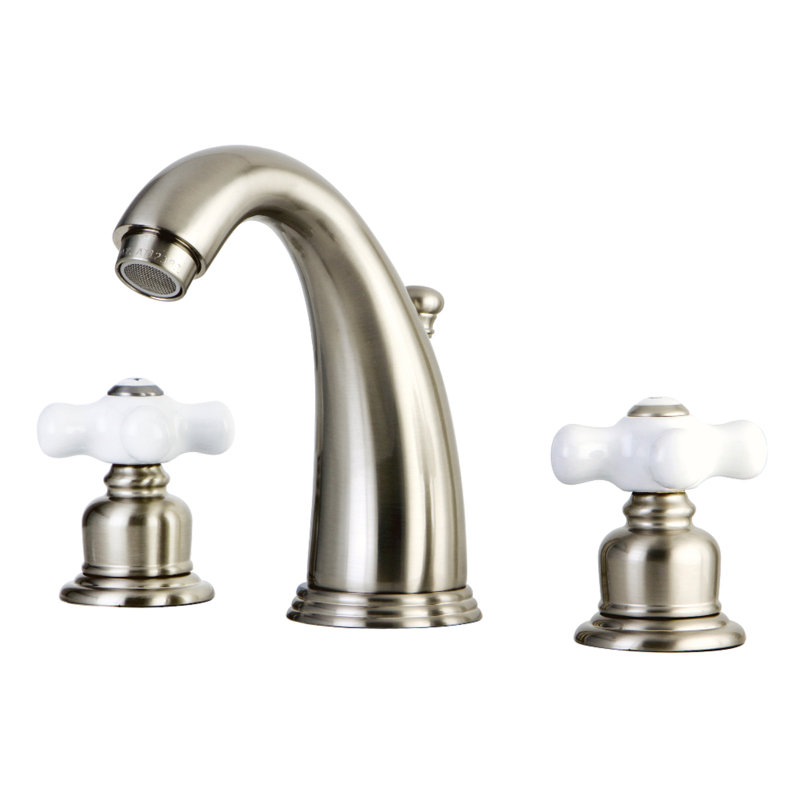 Kingston Brass English Country Two-Handle 3-Hole Deck Mount Widespread Bathroom Faucet with Retail Pop-Up Drain, Satin Nickel