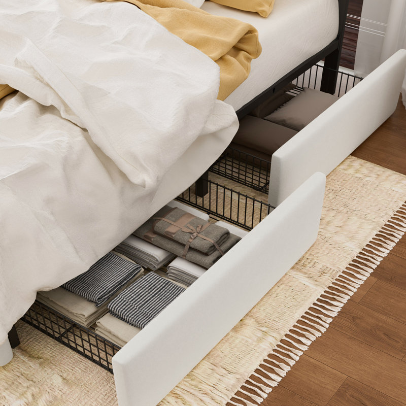 4-Drawer Velvet Upholstered Storage Platform Bed with Adjustable Headboard, Full, White
