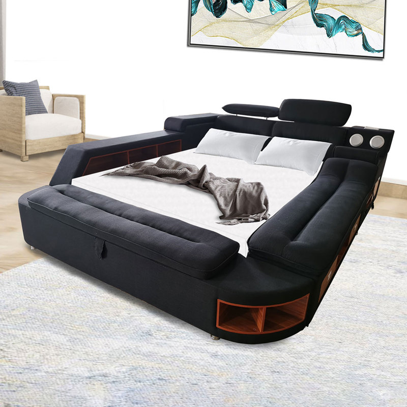 Lorang Upholstered Wingback Storage Bed, Black, Queen