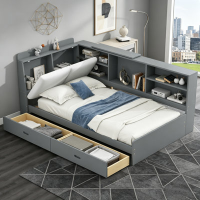 Lit plateforme avec tête de rangement, bibliothèque intégrée et 2 tiroirs, cadre de lit en bois avec dossier rembourré et lit escamotable, lit plateforme tapissier, cadre de lit multifonctionnel, lit robuste sans sommier, pour chambre à coucher, gris et Blanc