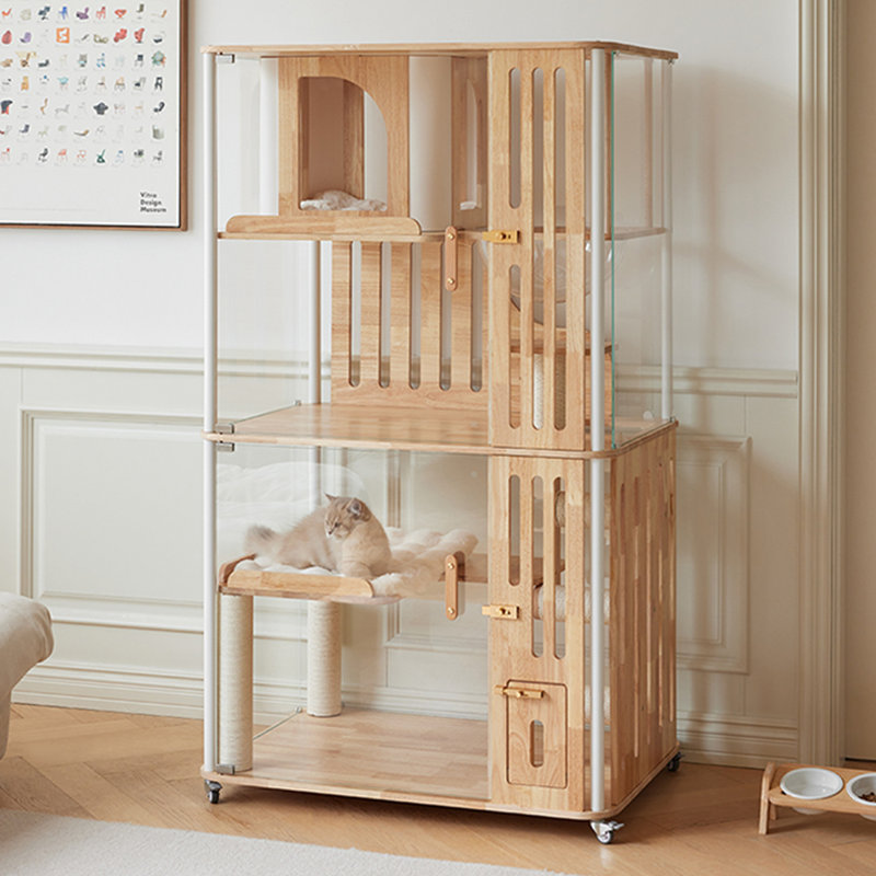 Grande maison pour chat en bois massif, compatible avec les bacs à litière automatiques