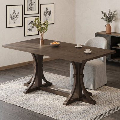 Table de salle à manger avec base en tréteaux en bois d'hévéa robuste, pieds courbés et pieds réglables