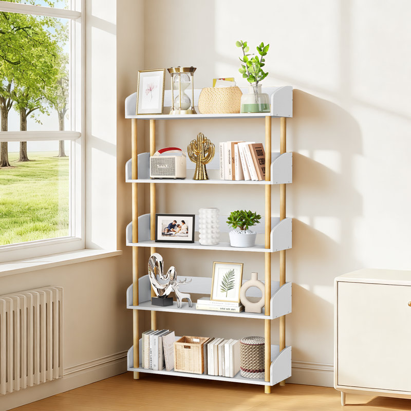 57.09" H Bookcase With 5-Tier Shelf Display Rack For Living Room, (5 Shelves) 57.09"H x 31.26"W x 9.5"D, White