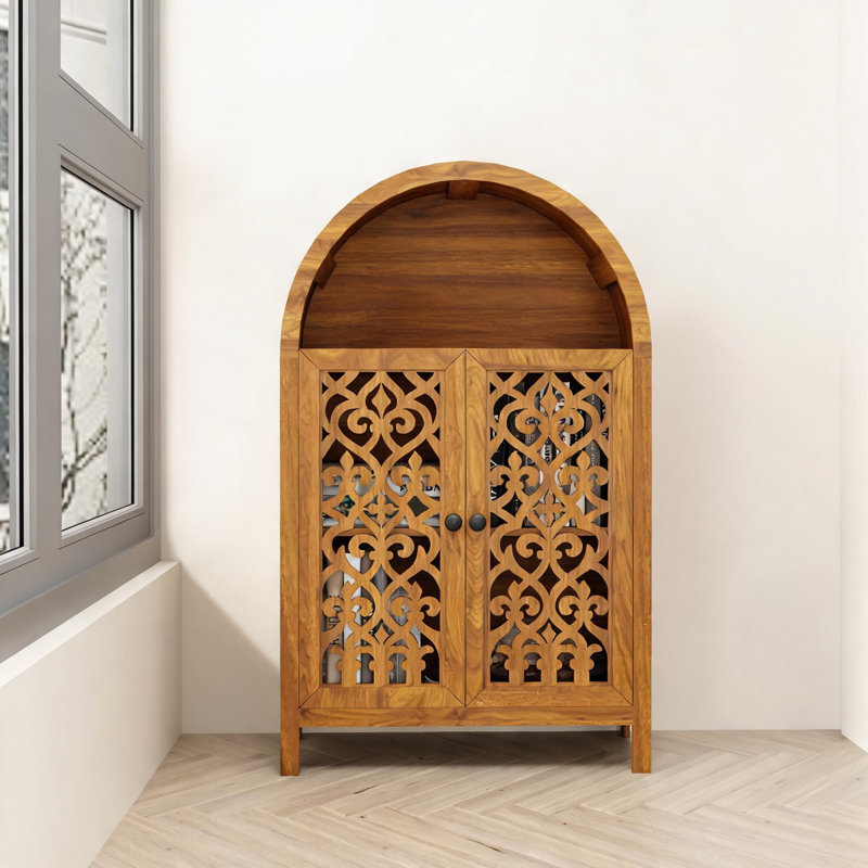 Armoire d'appoint arquée étroite et riche en bois massif sculpté à la main avec tablette ouverte 44,4 pouces Rich Brown
