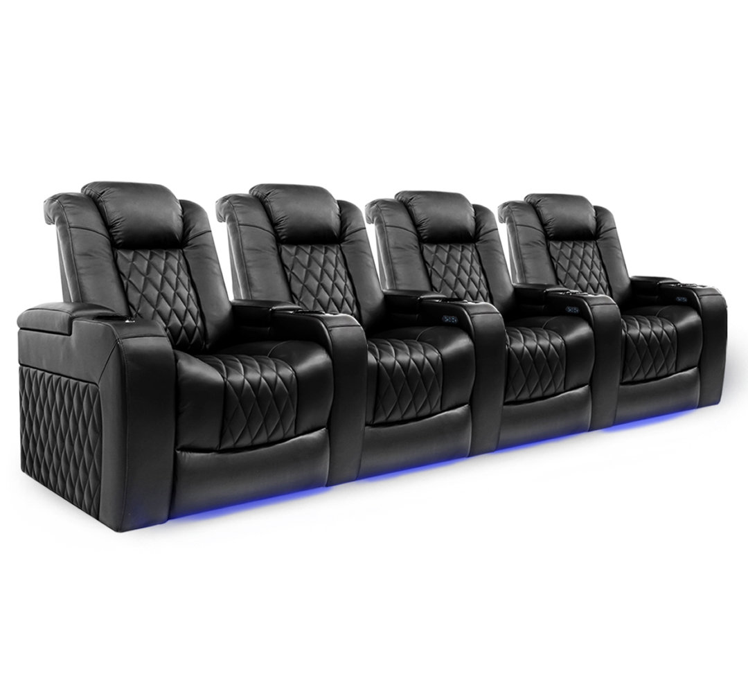 Tuscany 129.8" Wide Genuine Leather Power  Recliner Home Theater Seating with Cup Holder Arlmont & Co. Upholstery 