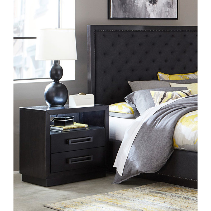 Table de chevet pour chambre à coucher avec 2 compartiments à tiroirs, cadre à DEL, port, finition gris anthracite et plateau en verre