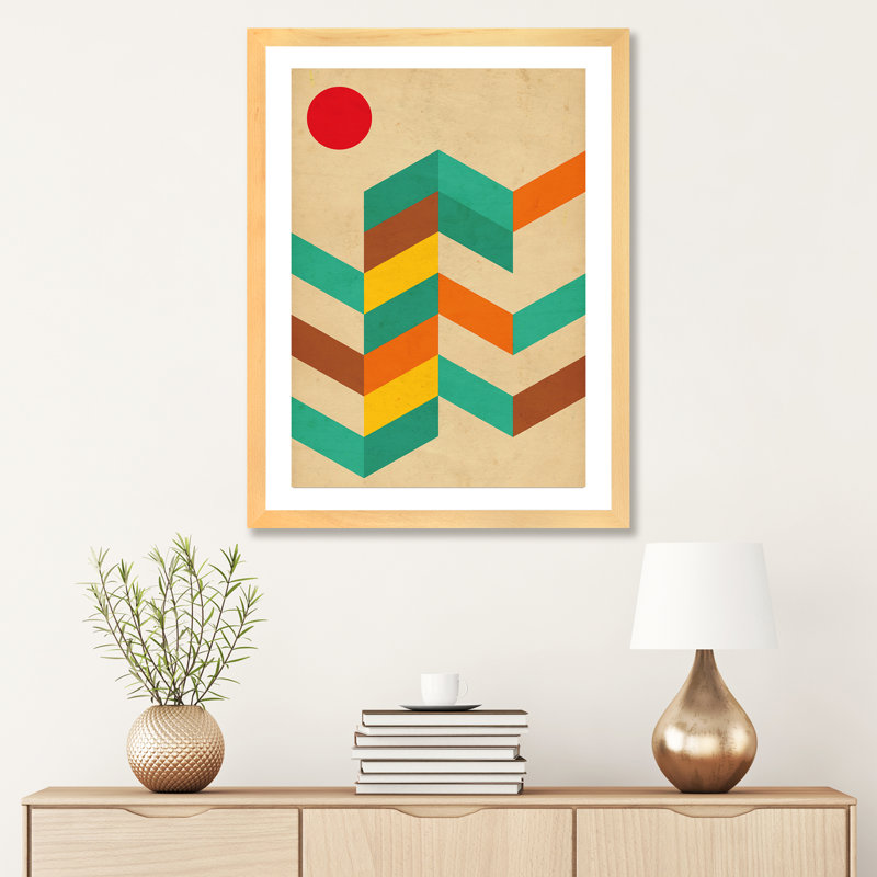 " Geometric Landscape With Sun ", 32" H x 24" W x 1" D, Natural Wood Framed Fine Art Paper