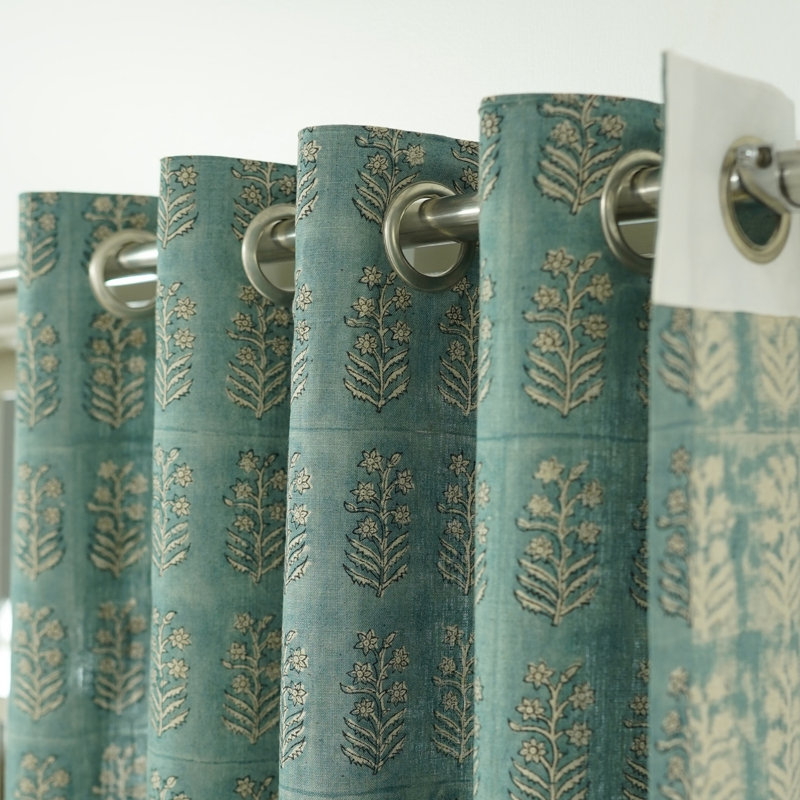 Fabdivine Handmade Floral Block Print Linen Window Gray Eyelet Curtain,Inderdhanush, 29" W x 45" L