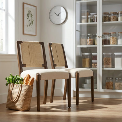 Set of 2 Modern Upholstered Dining Chairs with Woven Rope Backrest