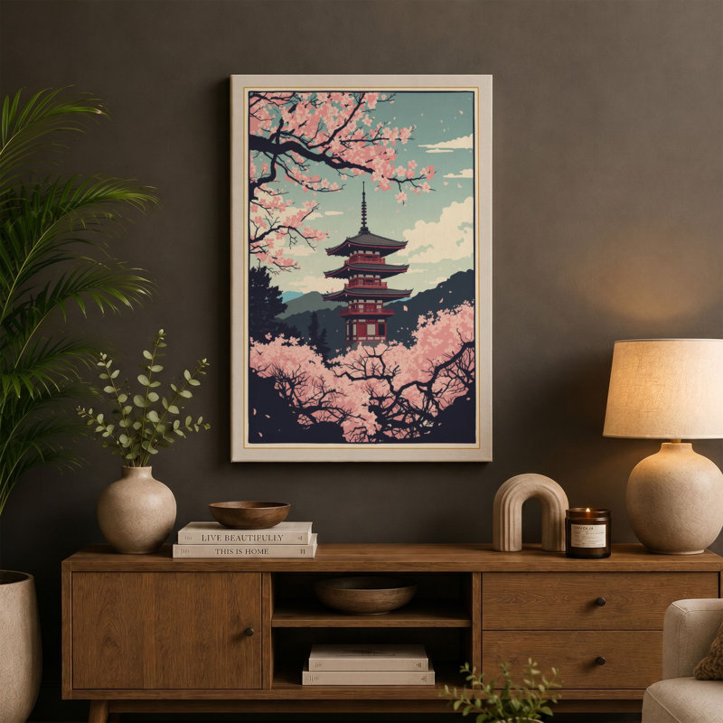 Pagoda Under Blossom Japandi - Wrapped Canvas, 36x24 - 91.4 x 61.0 cm, Cream Border