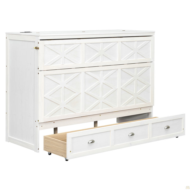 Queen Size Murphy Bed With Large Drawers And USB, White