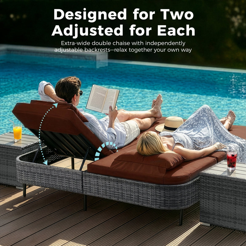 Chaise longue d'extérieur en osier avec table d'appoint et coussins, dossier inclinable réglable, Rouge