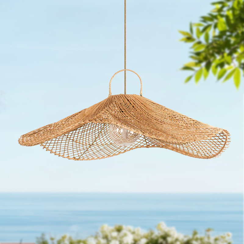 Lotus Pad Outdoor Rattan Pendant Light - Large Natural Poly Fiber Novelty 1-Light Handwoven Adjustable Outdoor Hanging Light For Covered Patio, Entryway In Coastal, Farmhouse, Rustic & Country Style
