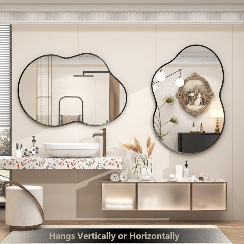 Asymmetrical Tempered Glass and metal Alloy Framed French Cleat Mounted Wall Decor Bathroom Vanity Mirror, 36" x 20"