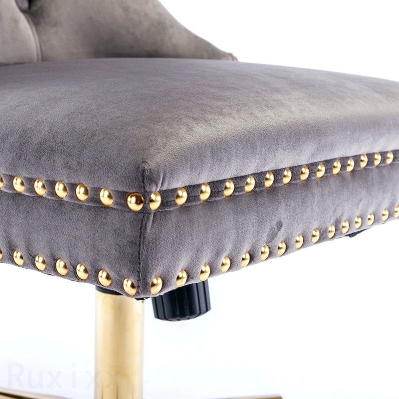 Gray Office Chair, Velvet Upholstered Tufted Button Home Office Chair, With Golden Metal Base, Adjustable Desk Chair Swivel Office Chair