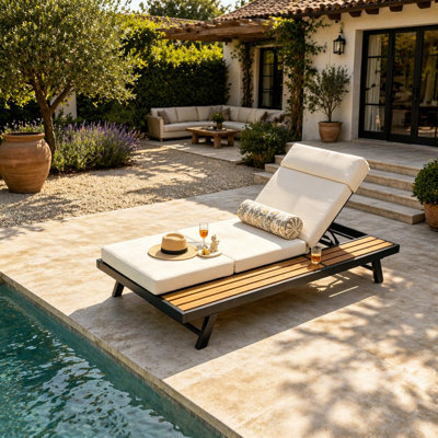 Ensemble de chaise longue d'extérieur en fer noir et teck avec coussin beige, capacité de 400 lb, coussin 4 fois résistant à l'eau, dossier réglable et surface de rangement plane pour patio