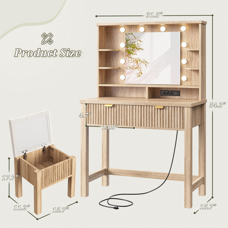 Bureau de coiffeuse avec éclairage réglable et station de charge - 2 tiroirs, tabouret de rangement surélevé, miroir de maquillage