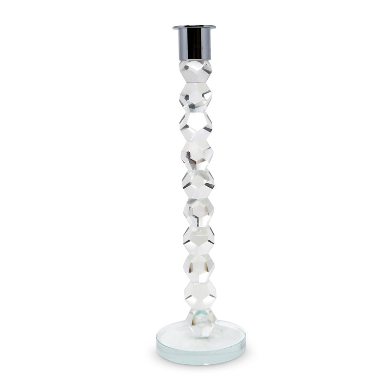 11" Clear And Silver Geo Stacks Crystal Tabletop Taper Candlestick