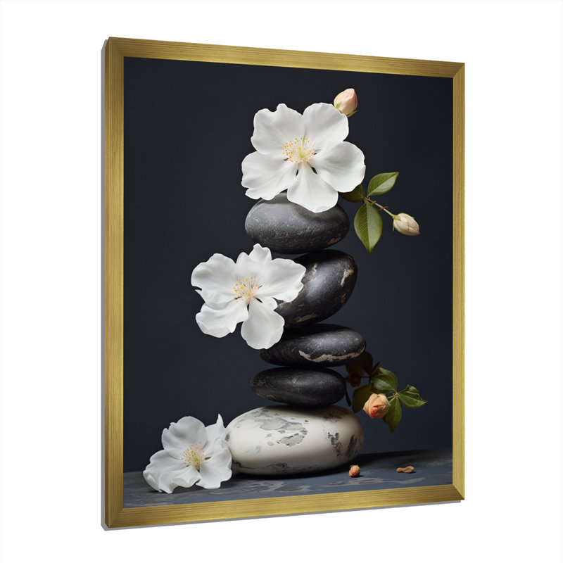 Décoration murale zen sérénité fleurs blanches pierre noire Cairn I - Pierre spirituelle, H 40 po x l 30 po x P 1,5 po