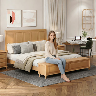 King Bed Frame With Tall Headboard And Storage Bench,Soild Wood Sleigh Bed With 79" Storage Chest,No Box Spring Needed,Natural