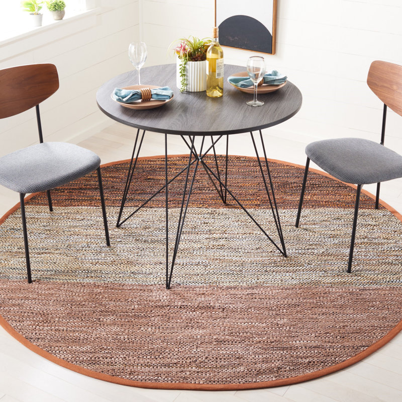Tapis gris / rouille en cuir / coton tissé à la main Grunwald, Rond 7 pi