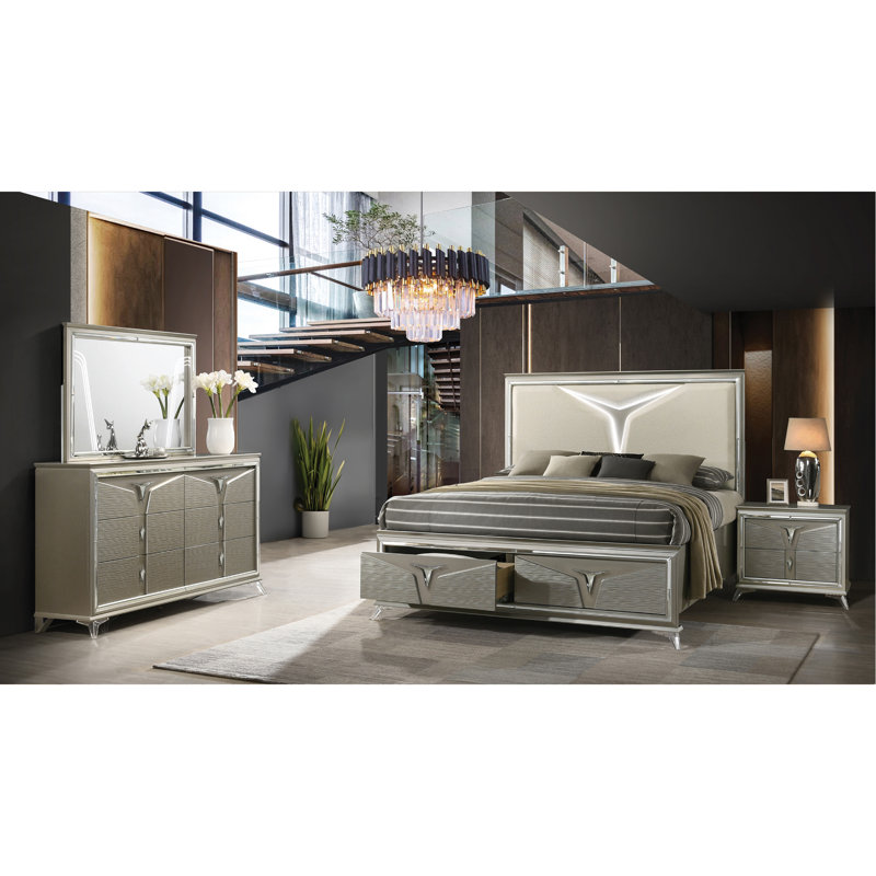 Modern Style  4PC Bedroom Set Made With Wood & LED Headboard, Queen