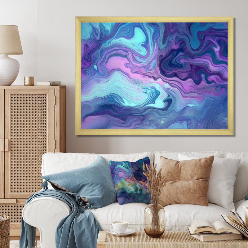 Turquoise mauve marbré fusion II - impression sur toile abstraite, H 24 po x l 32 po x P 1 po, Cadre doré à une seule photo