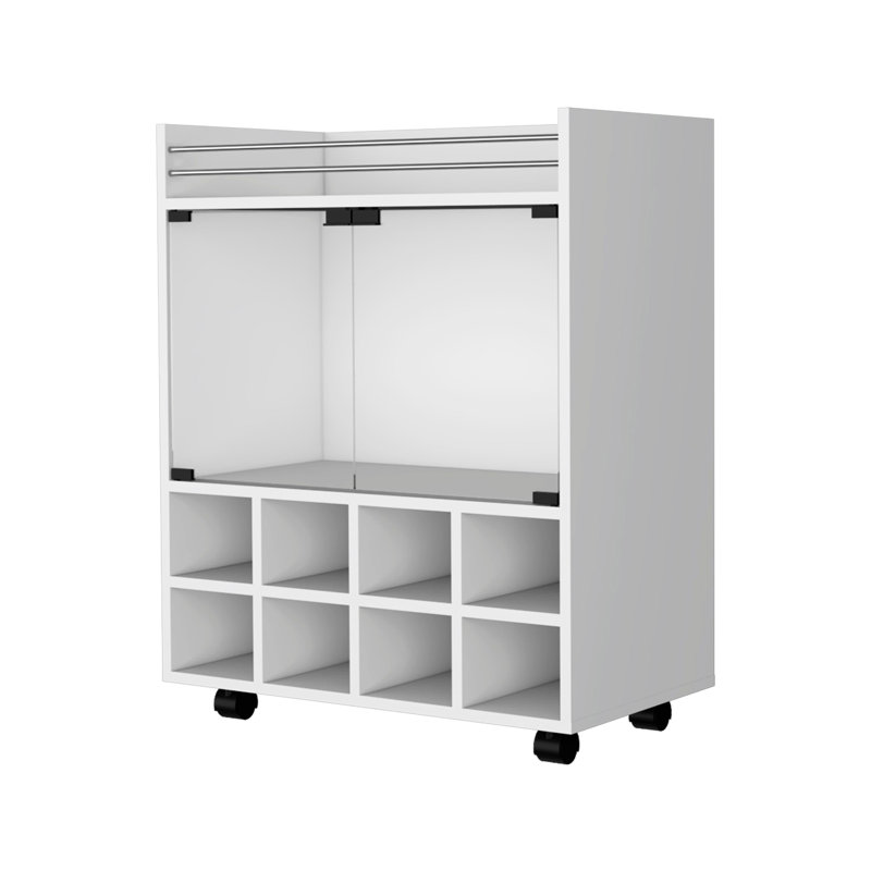 Chariot-bar blanc avec 8 portes et double porte en verre avec roulettes lisses