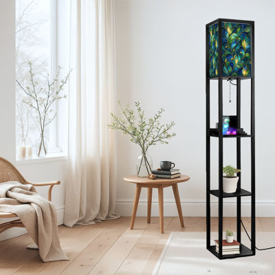 Dimmable LED Standing Floor Lamp Elegant Floral Blue Green Leaves Art Nouveau Style, MDF Frame Floor Lamp with Remote Control, 3 Color Light, for Living Room Bedroom