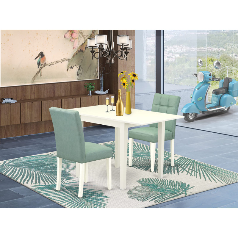 L'ensemble de salle à manger moderne 3 pièces comprend une table de cuisine et 2 chaises Parson en tissu de polyester vert saule, blanc lin