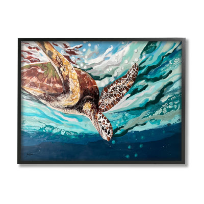 «Splashing Sea Turtle Diving Under Ocean Surface» par Stacy Gresell - Reproduction d'art sur toile flottante