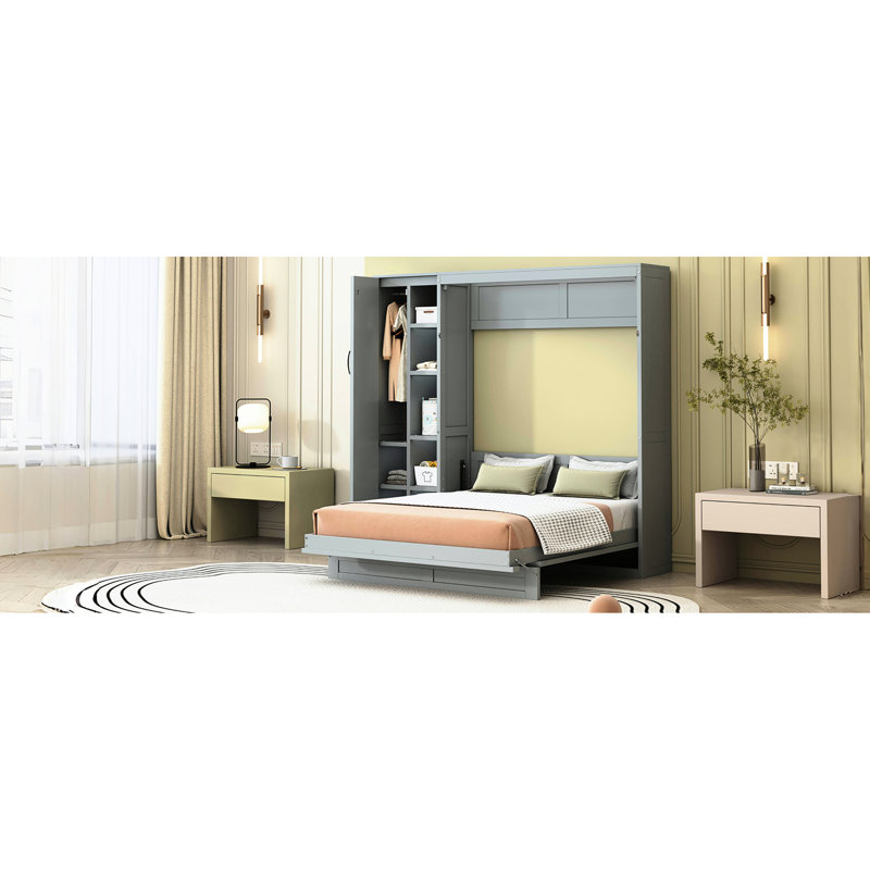 Lit mural pleine grandeur de couleur grise avec tablettes, garde-robe et lumières à DEL, support pour matelas de 8 à 10 pouces gris avec maison pratique et fonctionnelle