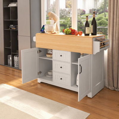KK 55.7'' Large Kitchen Island with 2 Drop Leaf, Rolling Kitchen Cart on 5 Wheels with Power Outlet, Folding Storage Dining Table with Spice Towel