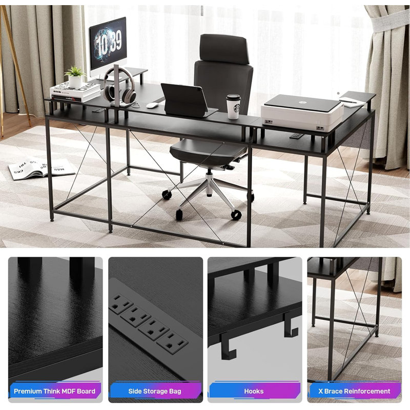 U Shaped Desk with Power Outlets & LED Lights, 79" Extra Large Reversible Corner Office Desk, Monitor Stand & Storage Shelves, Corner Computer Table Office Table with Full Monitor Stand