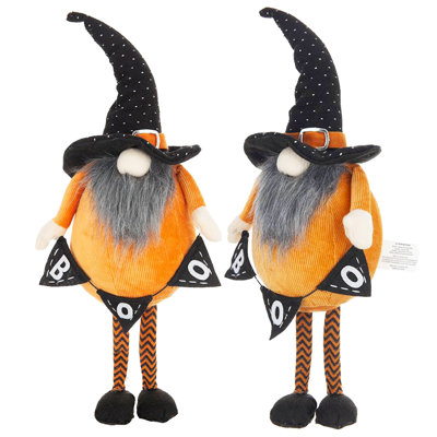 Set Of 2, 6.3X4.3X16" Fabric Standing Orange Gnome W/Black Gnome & Holding Banner, For Halloween Decor