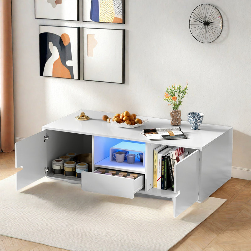 Modern High Glossy Rectangle Coffee Table With 2 Cabinets, One Drawer, 16 Colour Led Lights And An Open Shelf, White