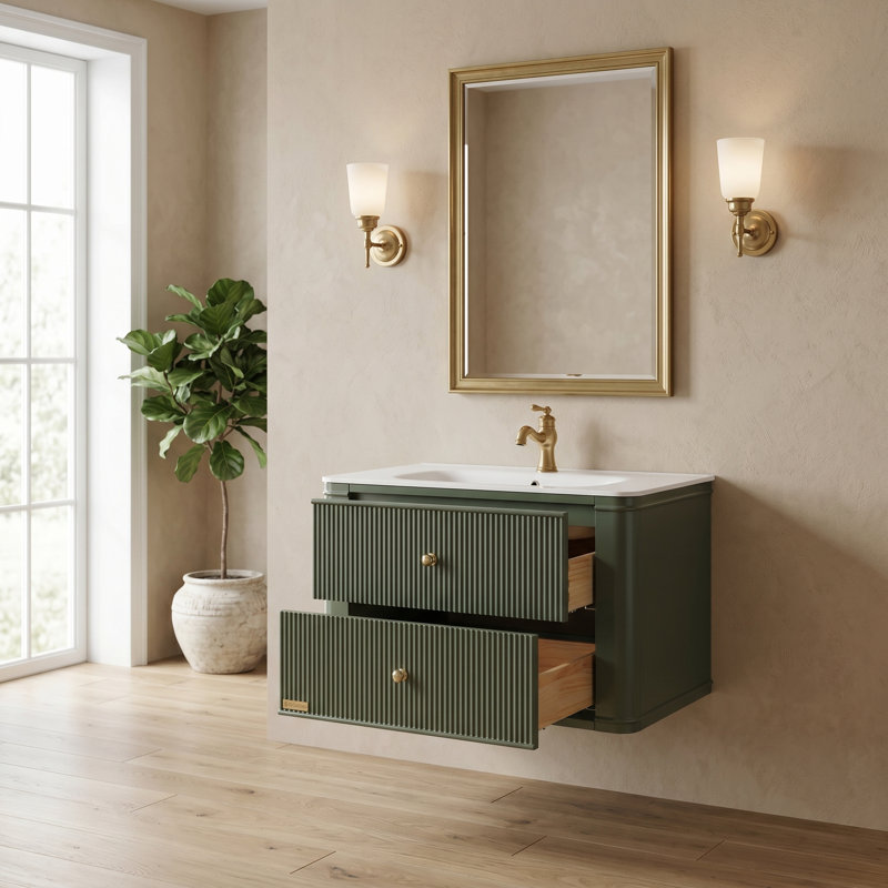 Meuble-lavabo flottant mural de 30 po avec lavabo en acrylique intégré, tiroirs à queue d'aronde à fermeture en douceur et options à deux poignées en vert antique