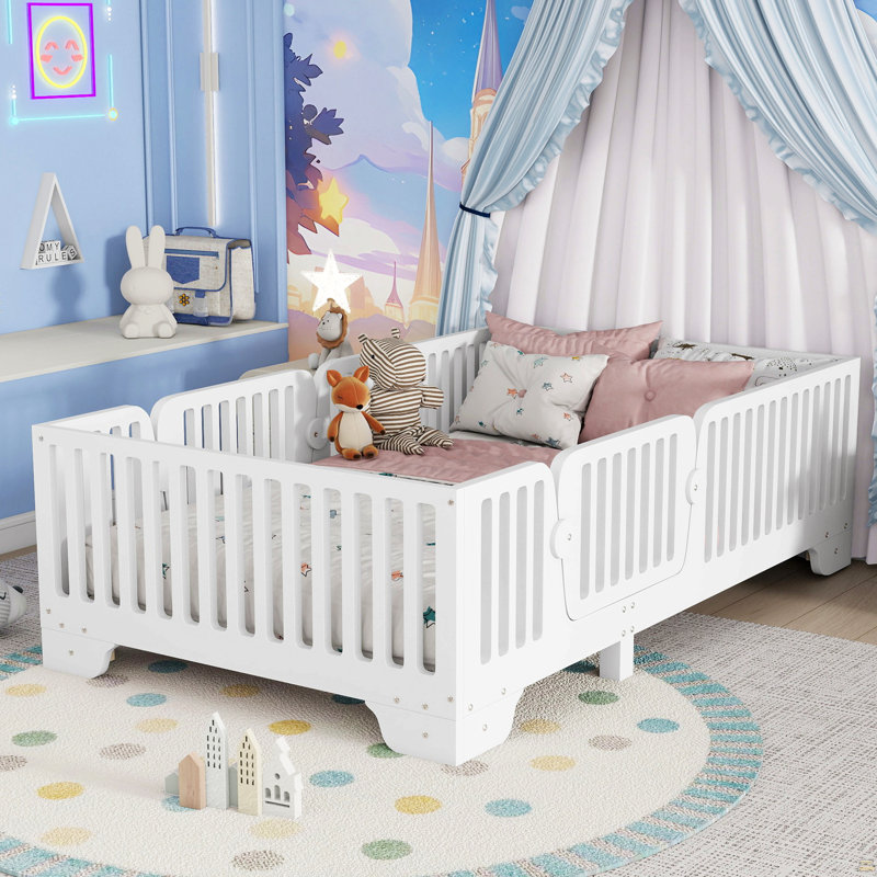 Lit simple au sol avec lattes et clôture, lits simples Montessori avec porte, pas de sommier tapissier nécessaire, Lit simple