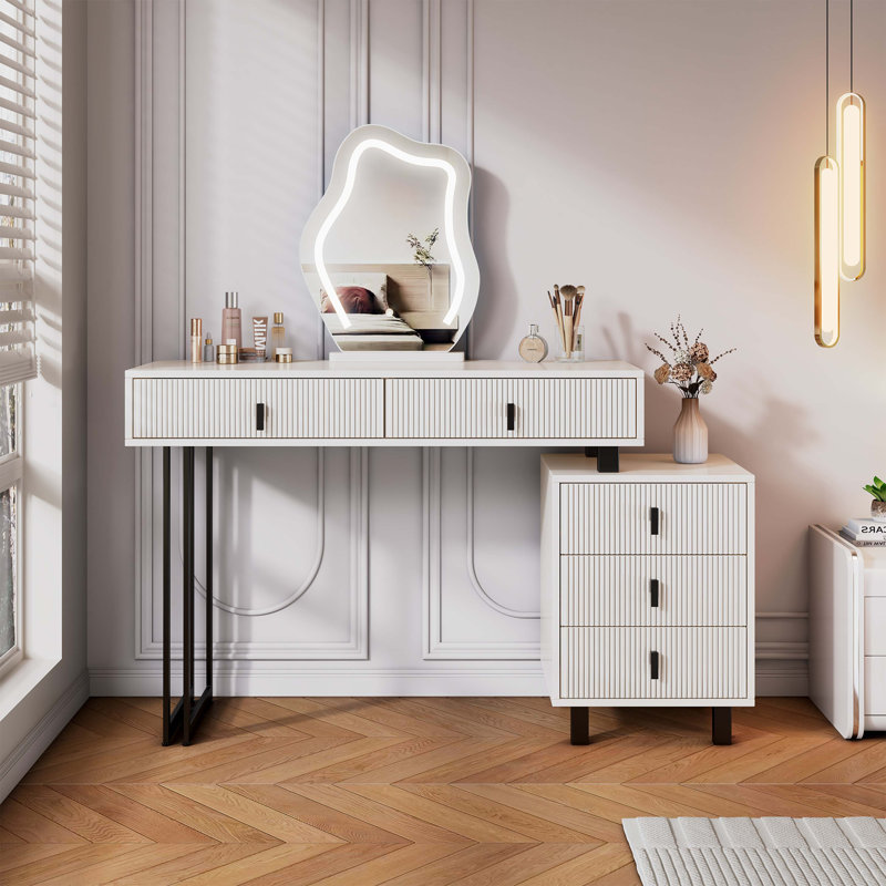 Adjustable-Length Vanity With Cloud LED Mirror - Modern Makeup Table With Storage Drawers & Side Cabinet, Ribbed Texture Design For Bedroom, Dorm & Small Spaces