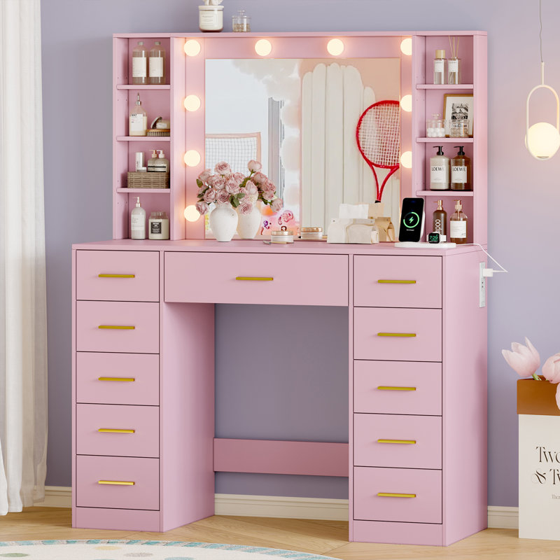 Vanity Desk with 11 Drawers & Mirror Lights, Large Makeup Dressing Table with 8 Shelves for Bedroom, Pink
