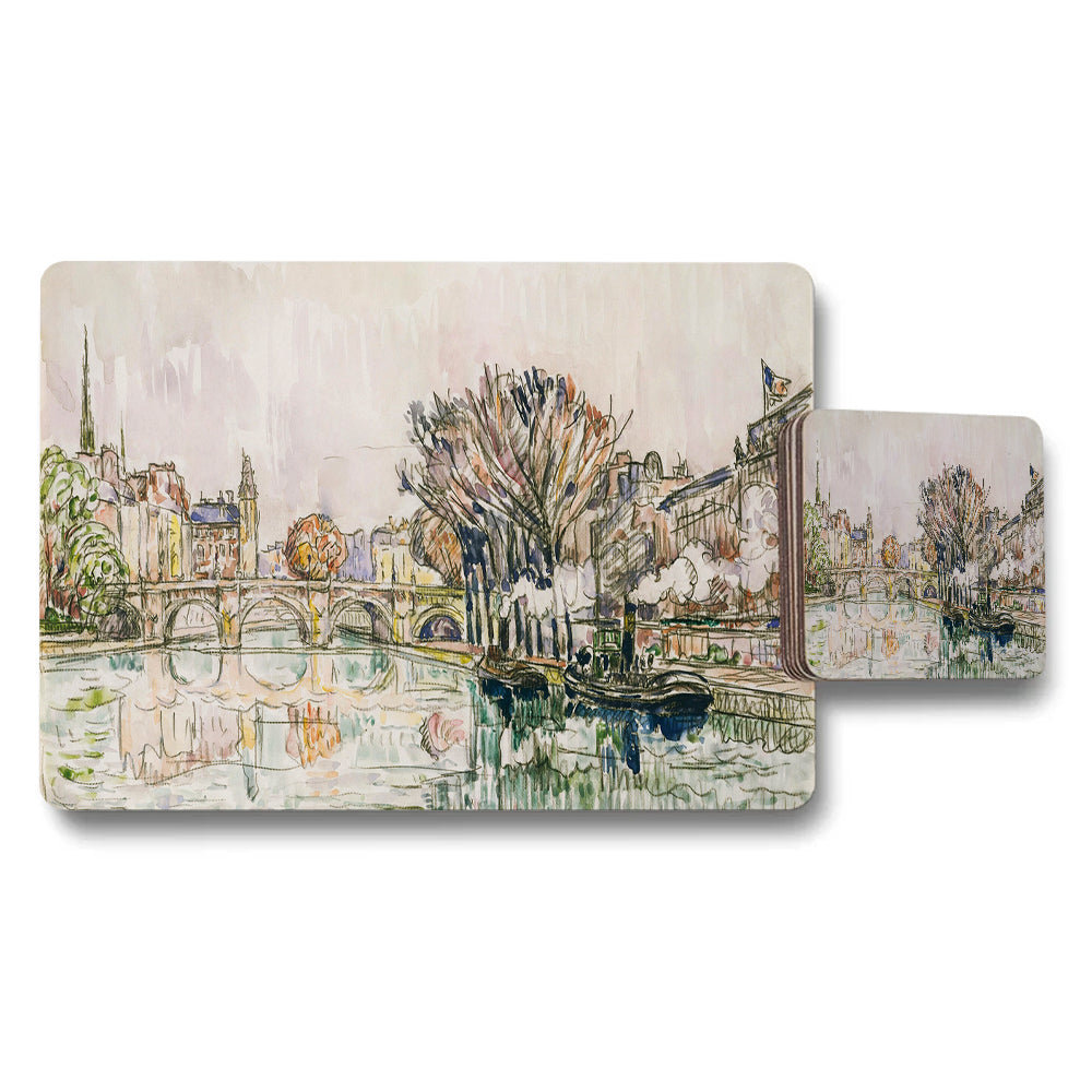Placemat And Coaster Set With Impressionist River City Scene Artwork