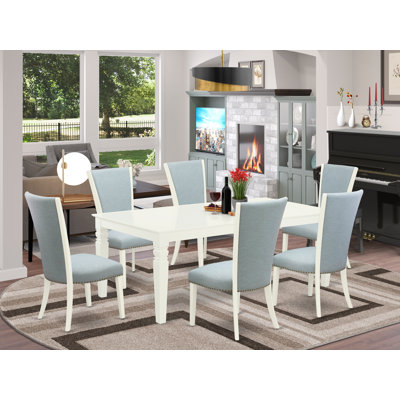 Ensemble de table et de chaises de cuisine 7 pièces comprenant une table de salle à manger rectangulaire à feuilles de papillons et 6 chaises Parson en tissu bleu bébé, lin blanc