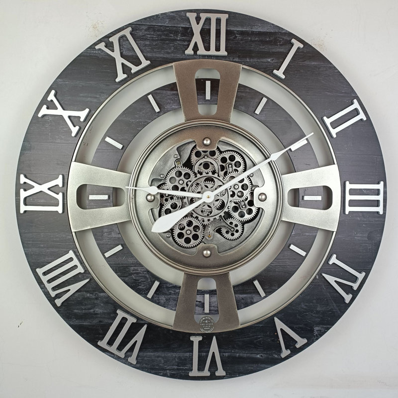 Wall Clock 36" Oversized for Living Room decor with Real Moving Gears England Collection, Vintage Black