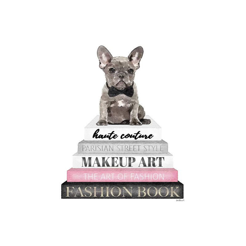 Grey Books With Pink, Grey Frenchie, Bowtie by Amanda Greenwood - Wrapped Canvas Painting, 20.32 cm H x 30.48 cm W