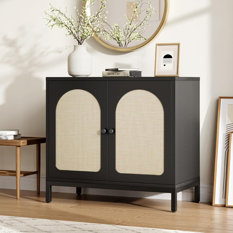 Rattan Sideboard Buffet Cabinet with Adjustable Shelf, Rattan Doors & Spacious Storage, Black