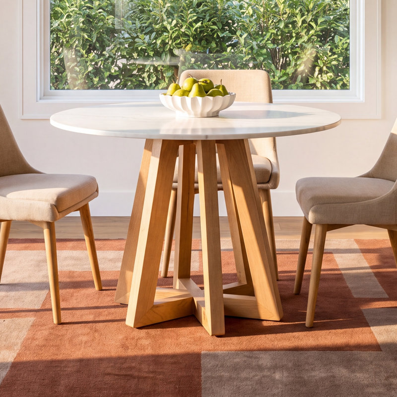 Oleta Oak Round Marble Top Dining Table, 30" H x 55" L x 55" W