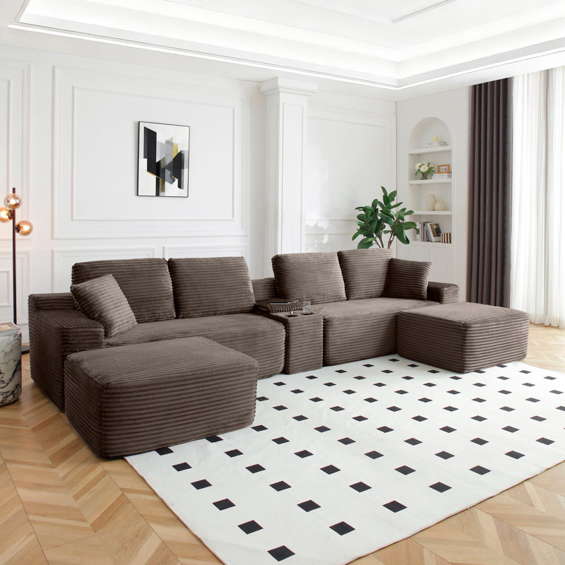 150" Oversized Cloud Boneless Sofa Couch with Cup Holder & Storage, Modern Corduroy U Shaped Modular Sectional Sofa with Deep Seat, USB Ports, No Assembly Required, Comfy Couches for Living Room
