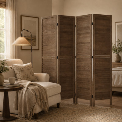 Brown four-panel paulownia wood louvered foldable privacy screen, 67.1×60.1 inches, two-way hinge, ventilated wooden louvered home/office/room partition.
